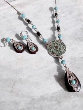 Vintage Avon Boho Southwestern Filigree Medallion Necklace Set Turquoise Amber
